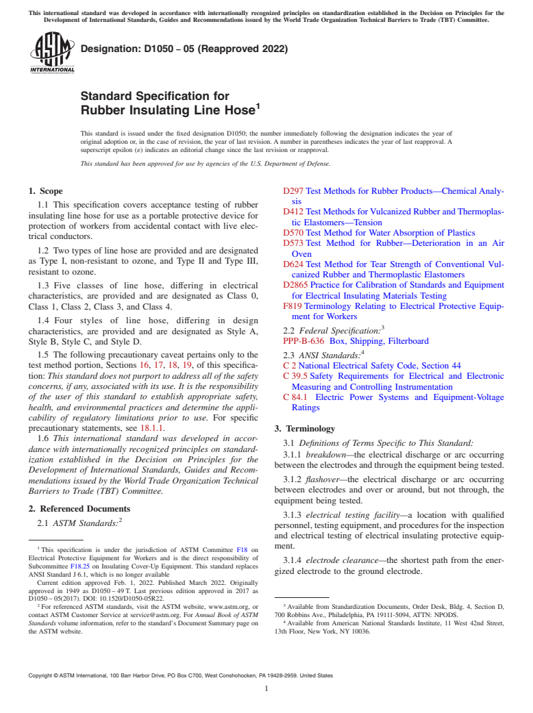 ASTM D1050-05(2022) - Standard Specification for  Rubber Insulating Line Hose