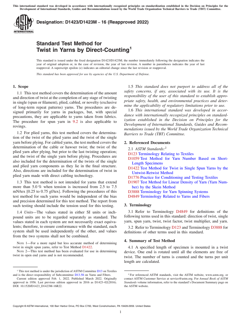 ASTM D1423/D1423M-16(2022) - Standard Test Method for  Twist in Yarns by Direct-Counting