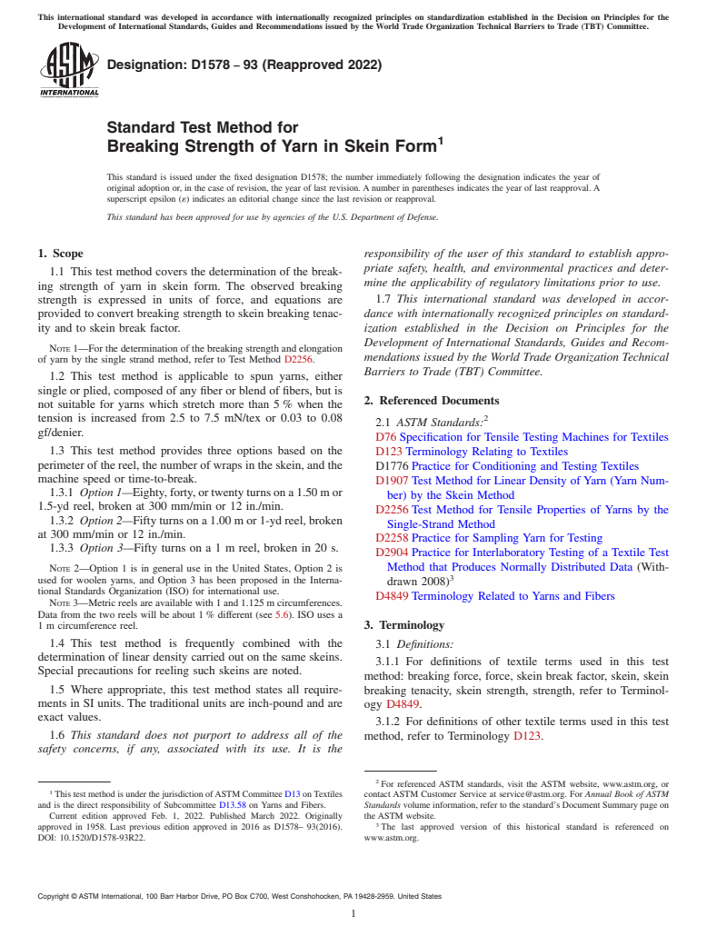 ASTM D1578-93(2022) - Standard Test Method for  Breaking Strength of Yarn in Skein Form