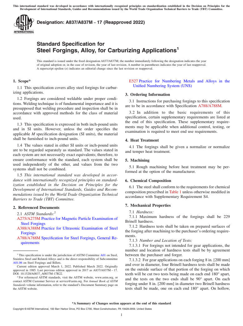 ASTM A837/A837M-17(2022) - Standard Specification for Steel Forgings, Alloy, for Carburizing Applications