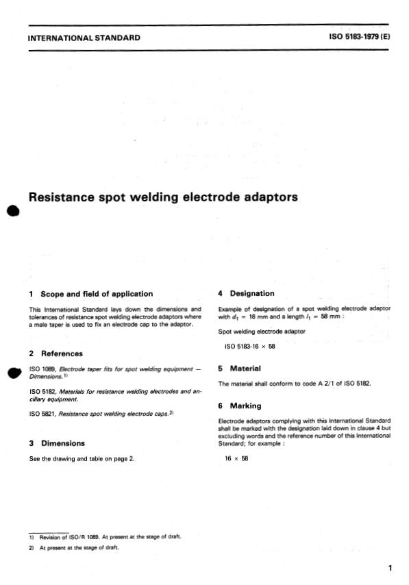 ISO 5183:1979 - Resistance spot welding electrode adaptors