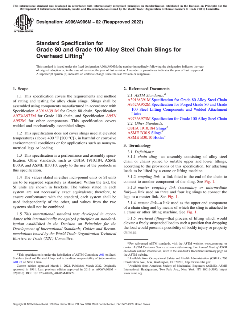 ASTM A906/A906M-02(2022) - Standard Specification for Grade 80 and Grade 100 Alloy Steel Chain Slings for Overhead  Lifting