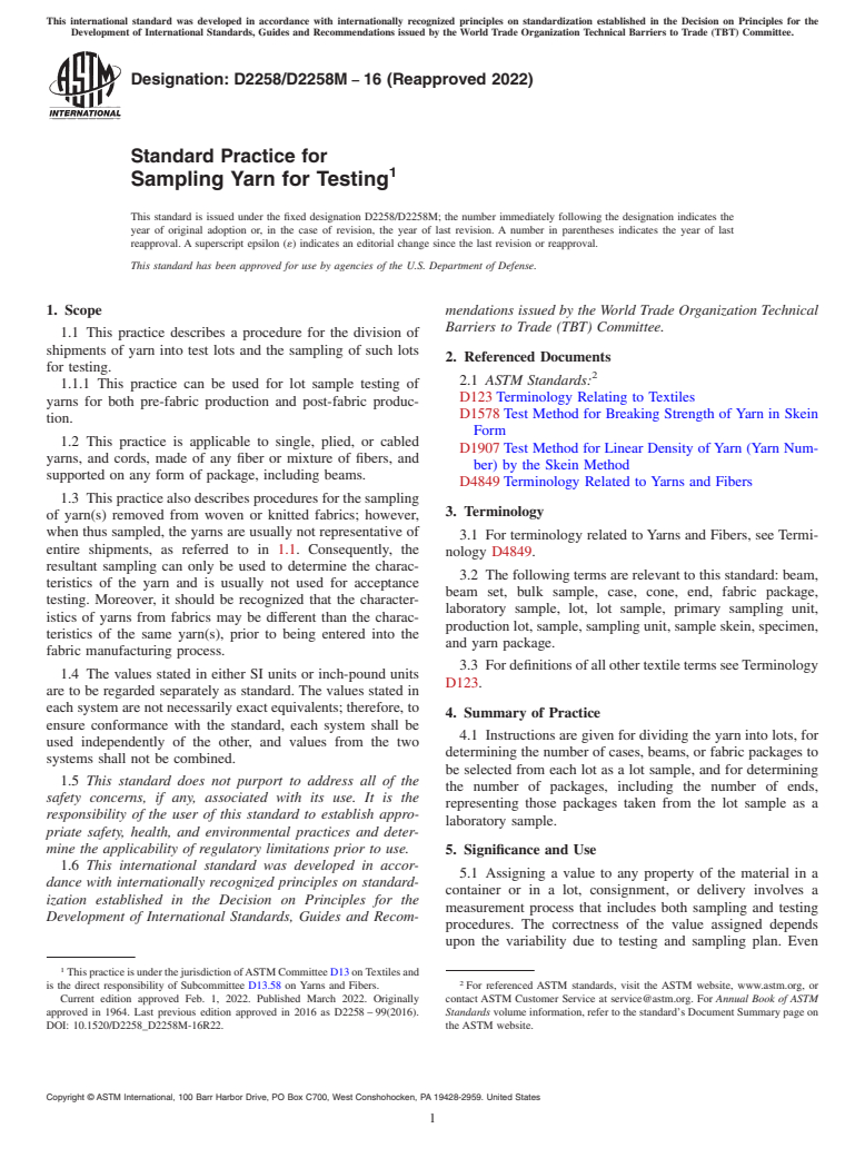 ASTM D2258/D2258M-16(2022) - Standard Practice for  Sampling Yarn for Testing