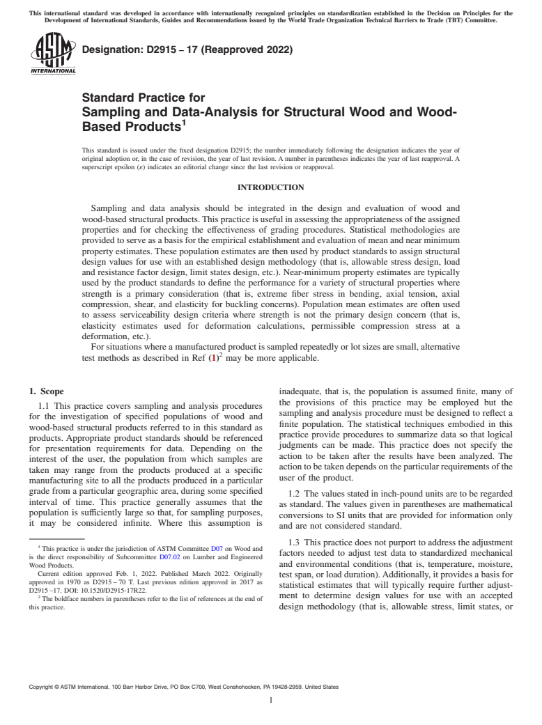 ASTM D2915-17(2022) - Standard Practice for  Sampling and Data-Analysis for Structural Wood and Wood-Based  Products