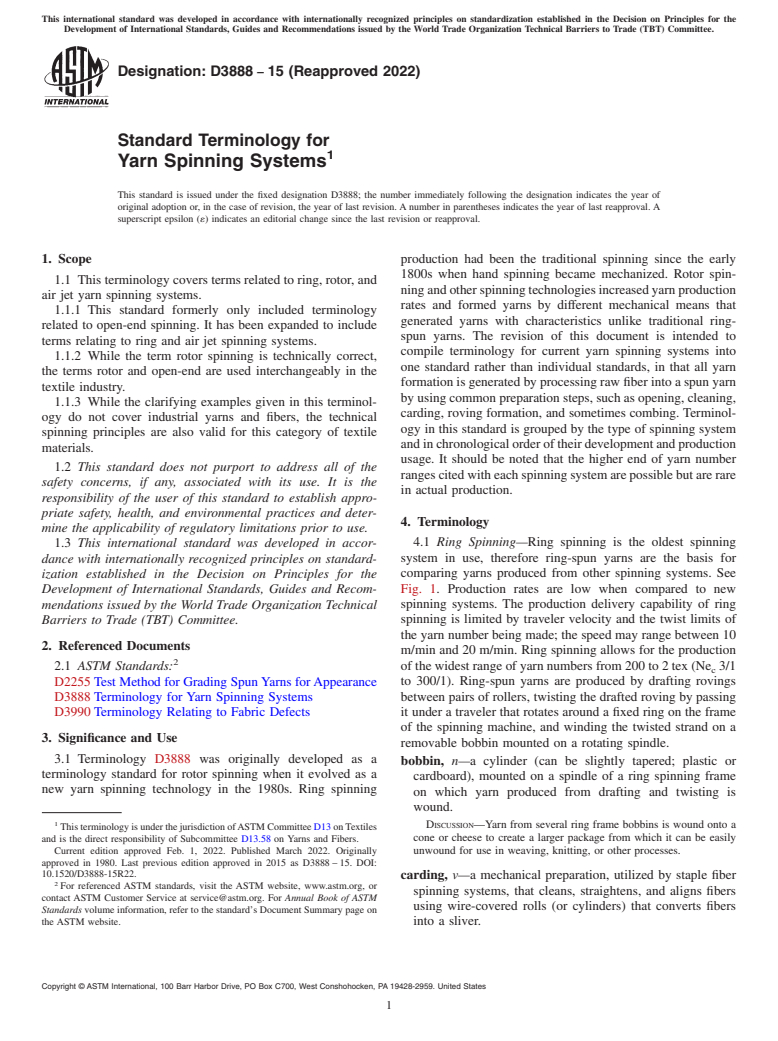 ASTM D3888-15(2022) - Standard Terminology for  Yarn Spinning Systems