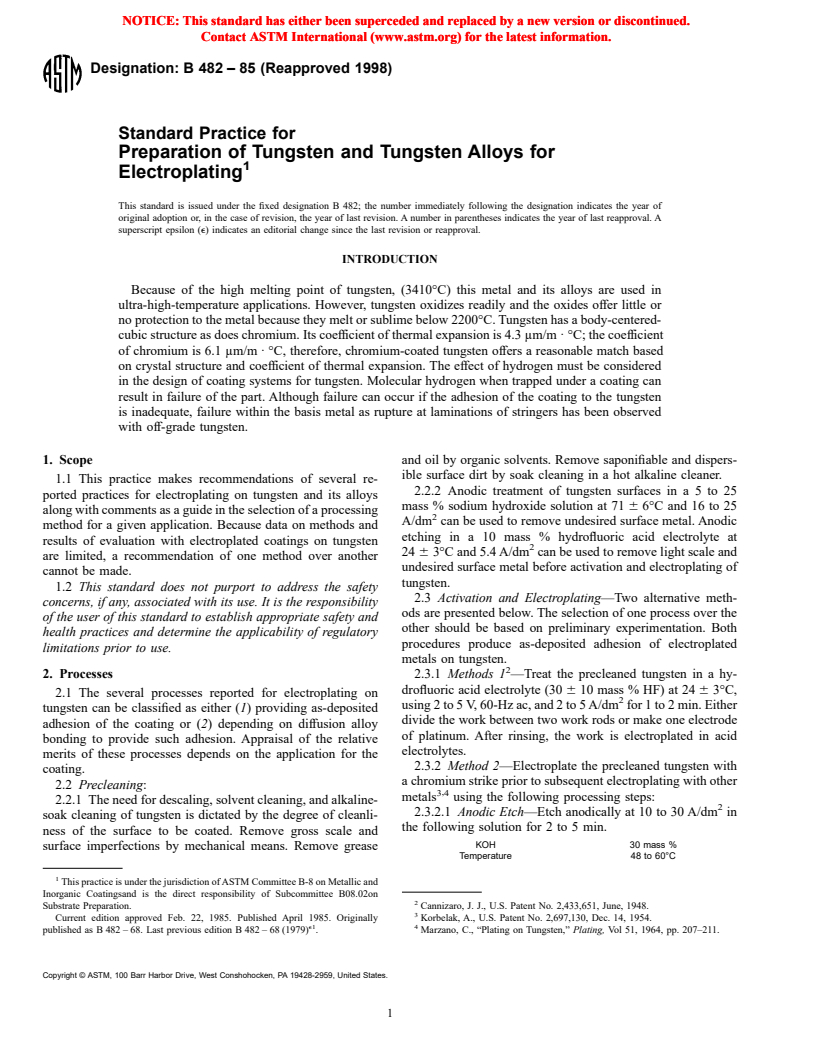 ASTM B482-85(1998) - Standard Practice for Preparation of Tungsten and Tungsten Alloys for Electroplating