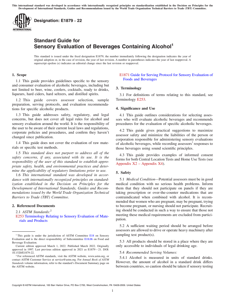 ASTM E1879-22 - Standard Guide for Sensory Evaluation of Beverages Containing Alcohol