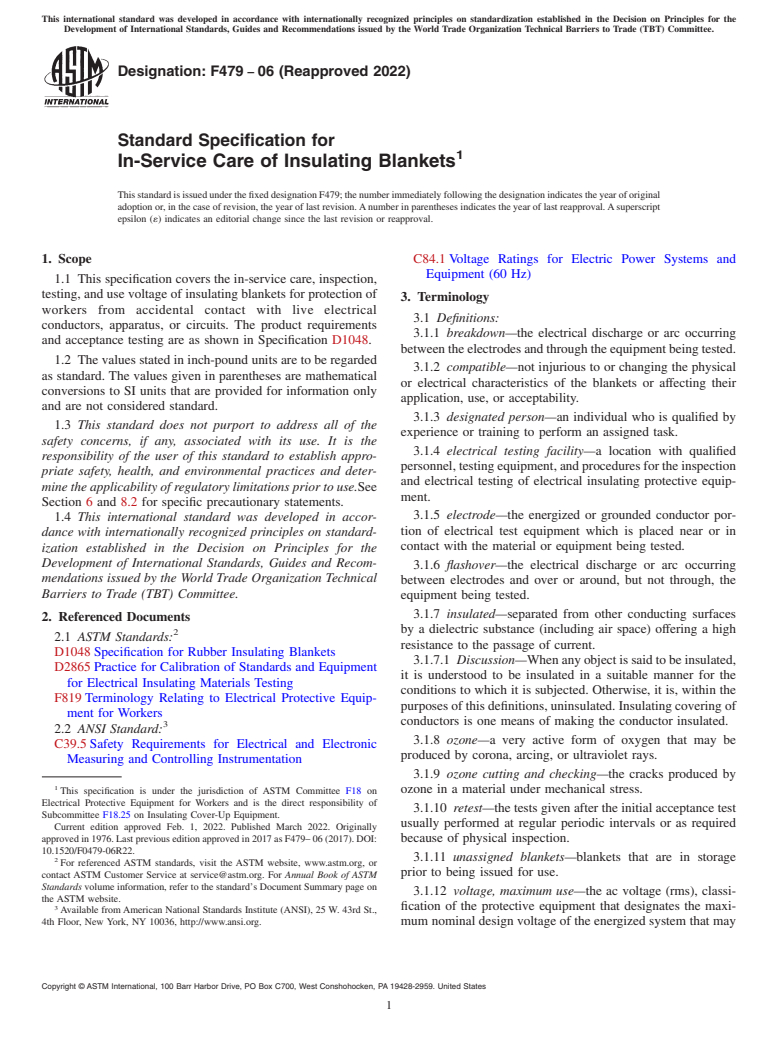 ASTM F479-06(2022) - Standard Specification for  In-Service Care of Insulating Blankets