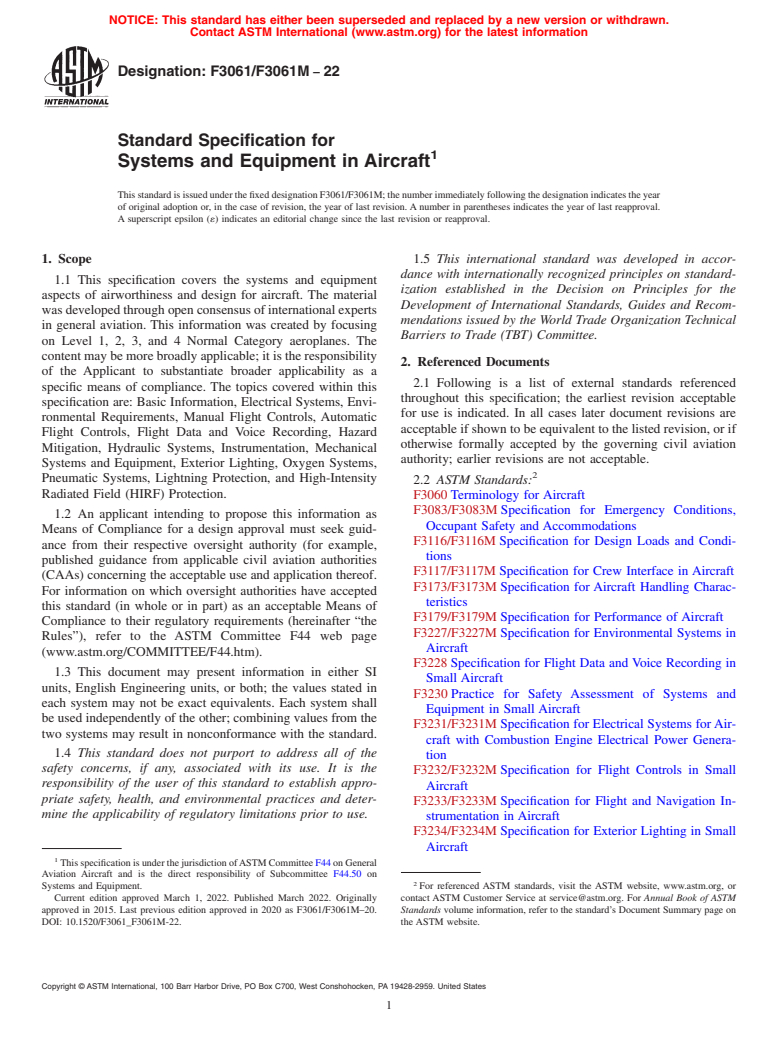 ASTM F3061/F3061M-22 - Standard Specification for Systems and Equipment in Aircraft