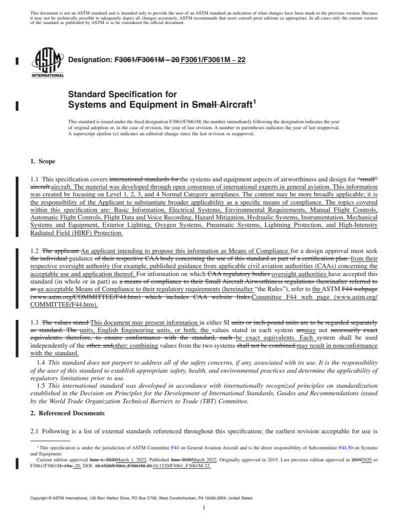 REDLINE ASTM F3061/F3061M-22 - Standard Specification for Systems and Equipment in Aircraft