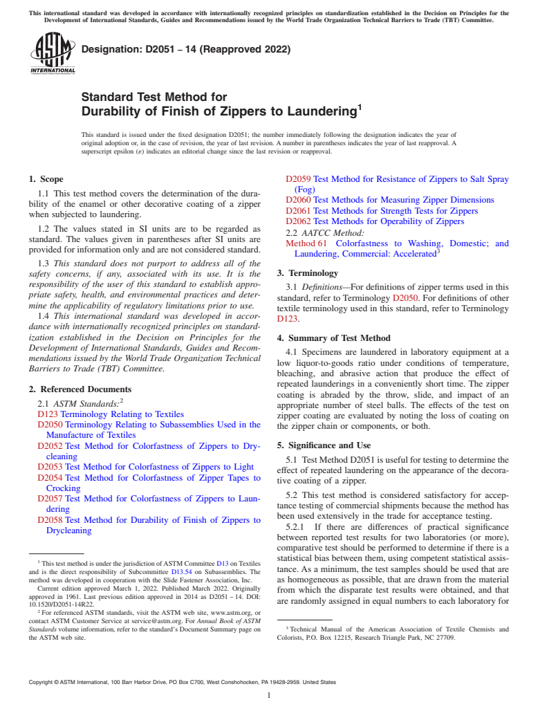 ASTM D2051-14(2022) - Standard Test Method for  Durability of Finish of Zippers to Laundering