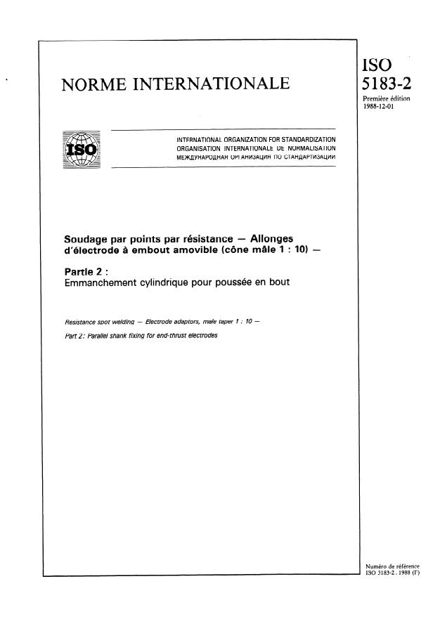ISO 5183-2:1988 - Soudage par points par résistance -- Allonges d'électrode a embout amovible (cône mâle 1:10)