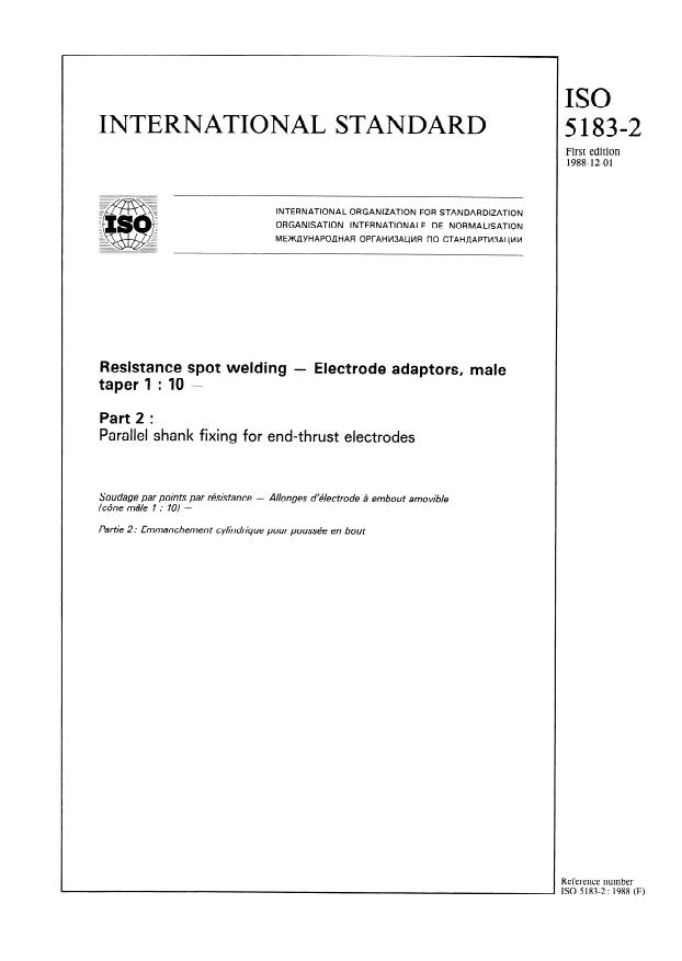 ISO 5183-2:1988 - Resistance spot welding -- Electrode adaptors, male taper 1:10