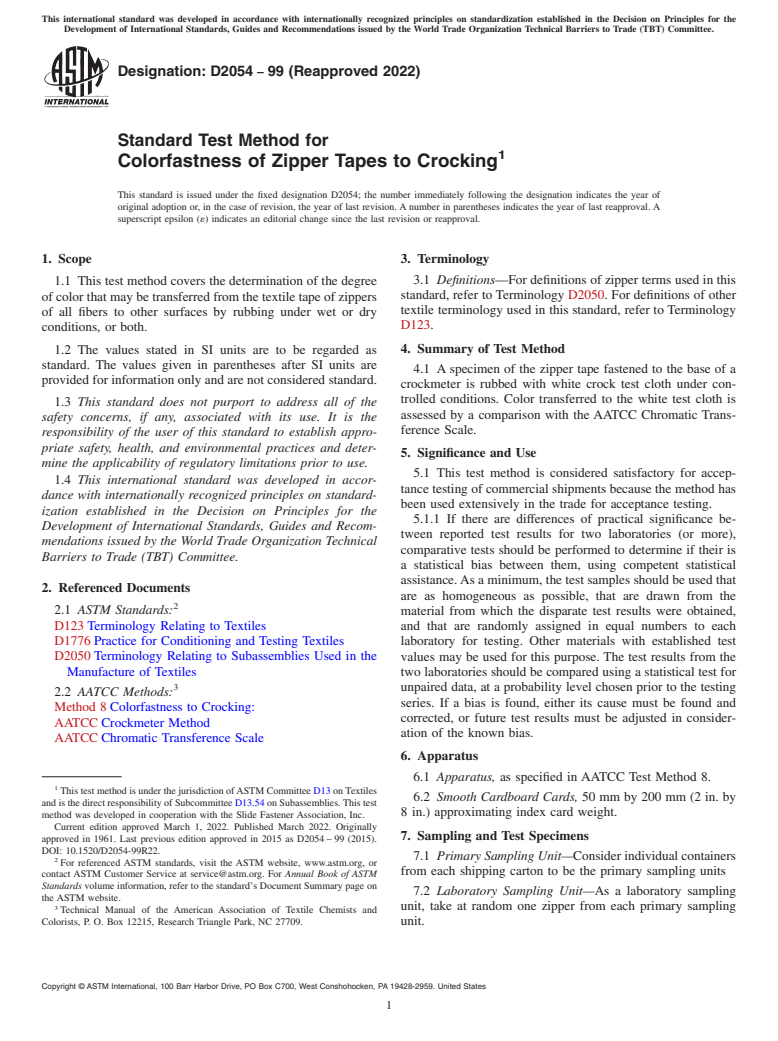 ASTM D2054-99(2022) - Standard Test Method for  Colorfastness of Zipper Tapes to Crocking