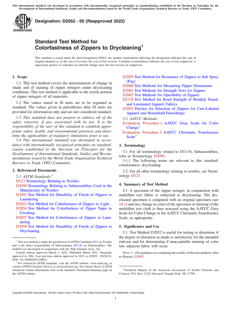 ASTM D2052-05(2022) - Standard Test Method for  Colorfastness of Zippers to Drycleaning