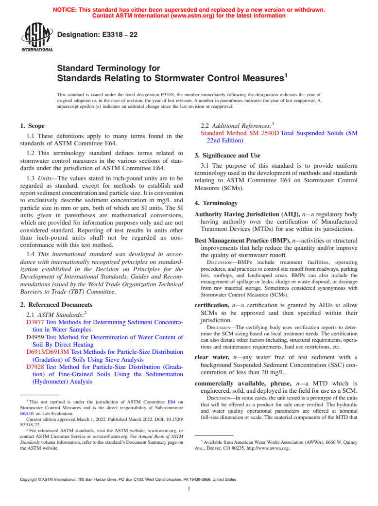 ASTM E3318-22 - Standard Terminology for Standards Relating to Stormwater Control Measures