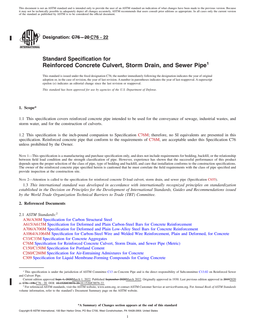 REDLINE ASTM C76-22 - Standard Specification for Reinforced Concrete Culvert, Storm Drain, and Sewer Pipe