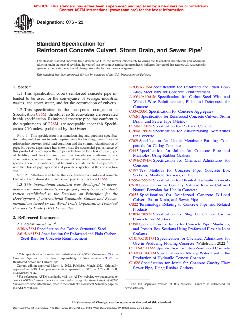 ASTM C76-22 - Standard Specification for Reinforced Concrete Culvert, Storm Drain, and Sewer Pipe