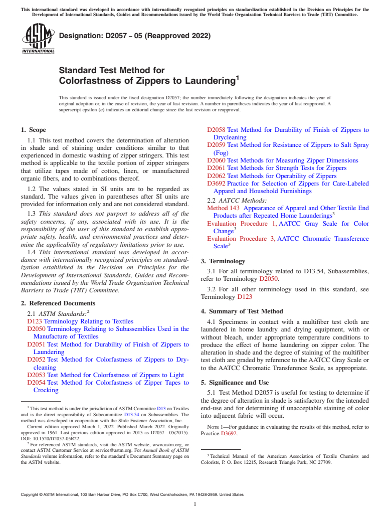 ASTM D2057-05(2022) - Standard Test Method for  Colorfastness of Zippers to Laundering