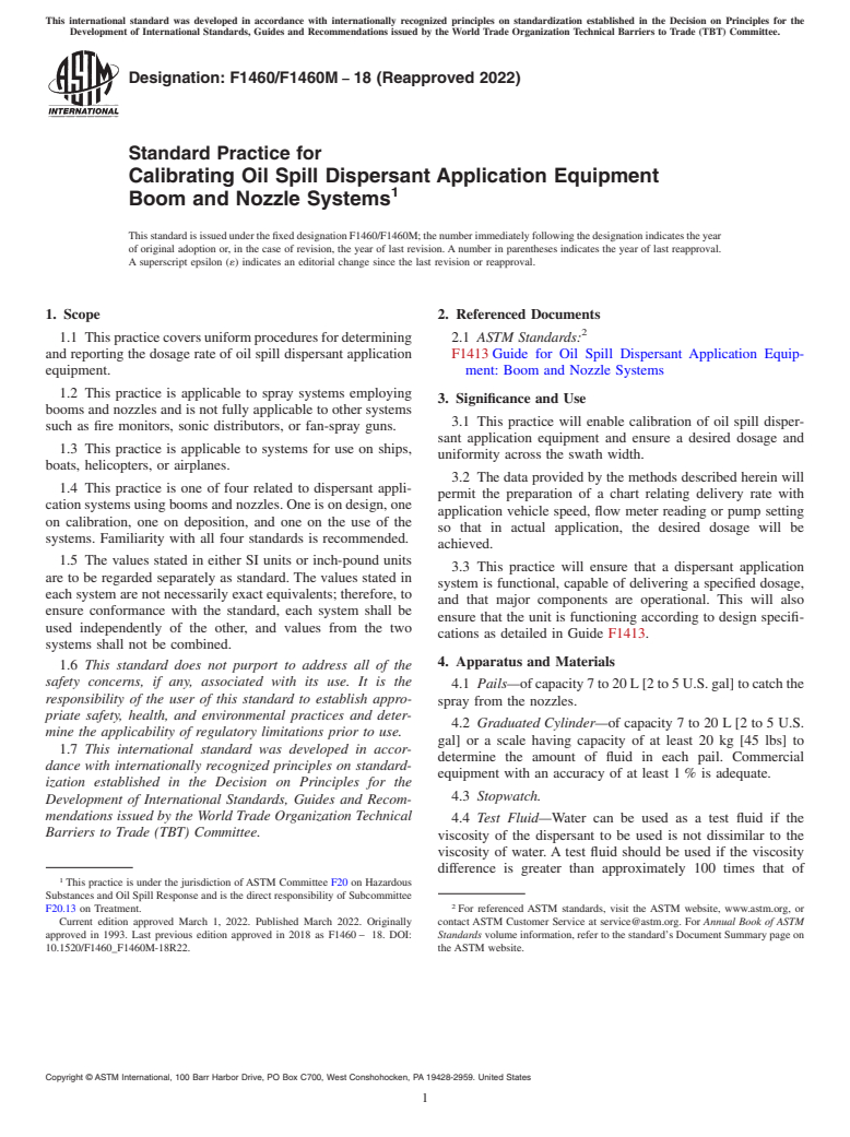 ASTM F1460/F1460M-18(2022) - Standard Practice for  Calibrating Oil Spill Dispersant Application Equipment Boom  and Nozzle Systems