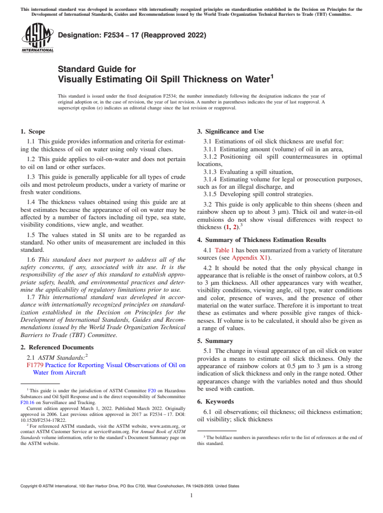 ASTM F2534-17(2022) - Standard Guide for  Visually Estimating Oil Spill Thickness on Water