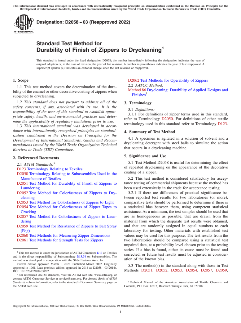 ASTM D2058-03(2022) - Standard Test Method for  Durability of Finish of Zippers to Drycleaning