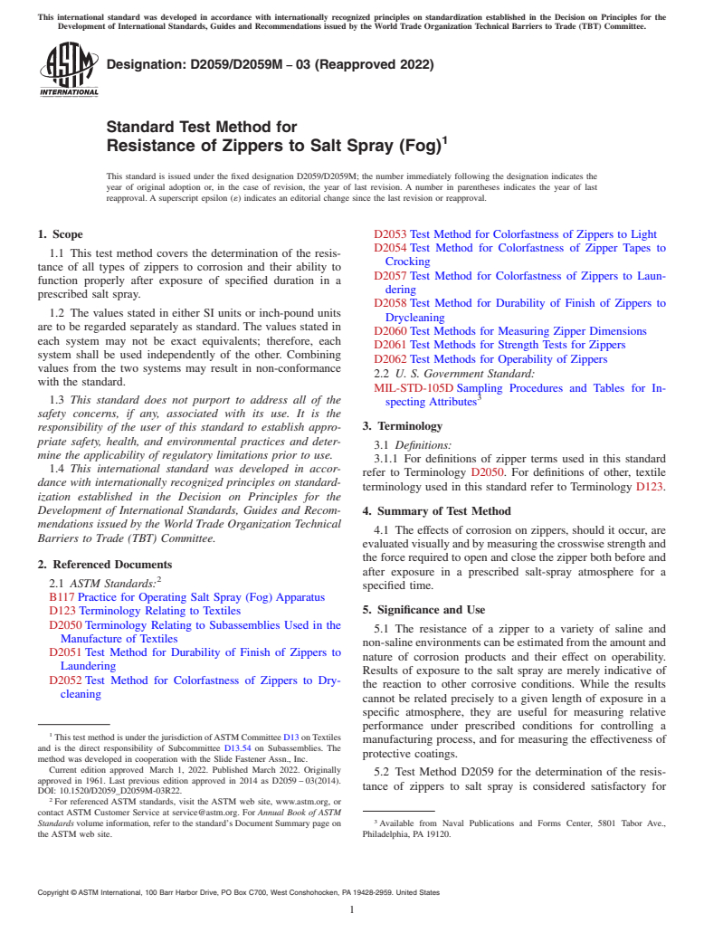 ASTM D2059/D2059M-03(2022) - Standard Test Method for  Resistance of Zippers to Salt Spray (Fog)