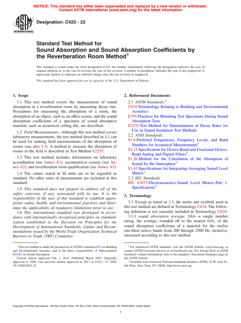 ASTM C423-22 - Standard Test Method for Sound Absorption and Sound Absorption Coefficients by the Reverberation  Room Method