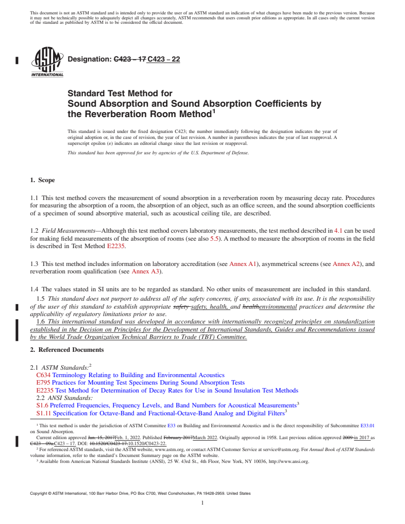 REDLINE ASTM C423-22 - Standard Test Method for Sound Absorption and Sound Absorption Coefficients by the Reverberation  Room Method