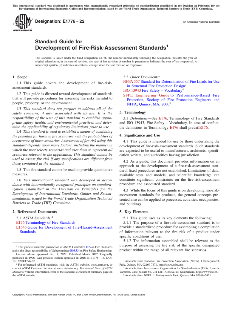 ASTM E1776-22 - Standard Guide for  Development of Fire-Risk-Assessment Standards