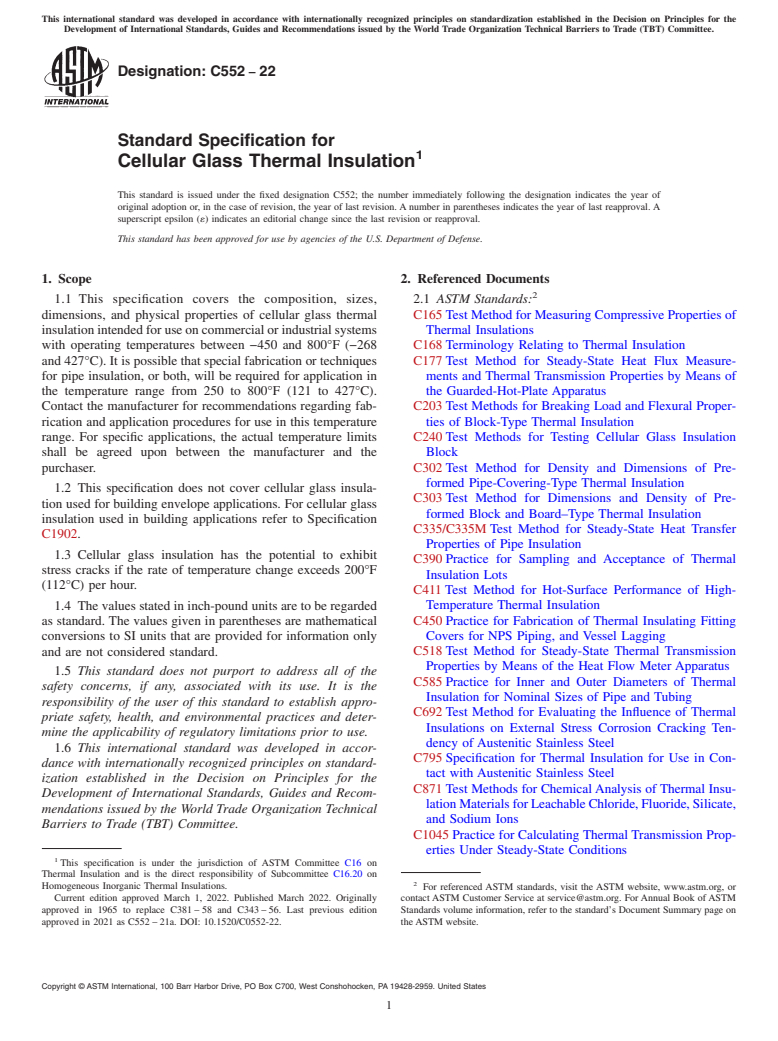 ASTM C552-22 - Standard Specification for  Cellular Glass Thermal Insulation