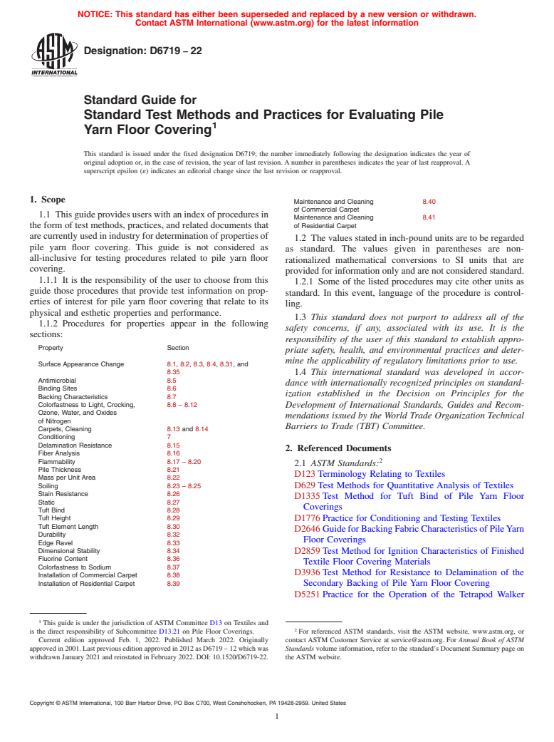 ASTM D6719-22 - Standard Guide for Standard Test Methods and Practices for Evaluating Pile Yarn  Floor Covering