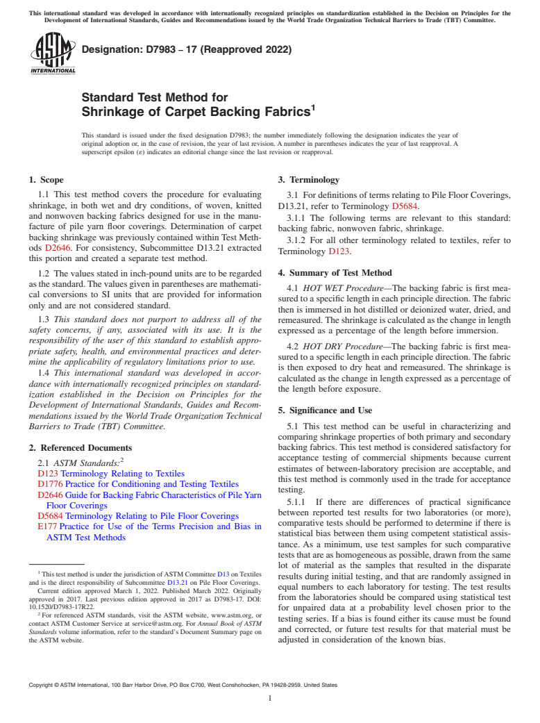 ASTM D7983-17(2022) - Standard Test Method for Shrinkage of Carpet Backing Fabrics