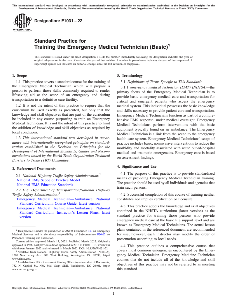 ASTM F1031-22 - Standard Practice for Training the Emergency Medical Technician (Basic)