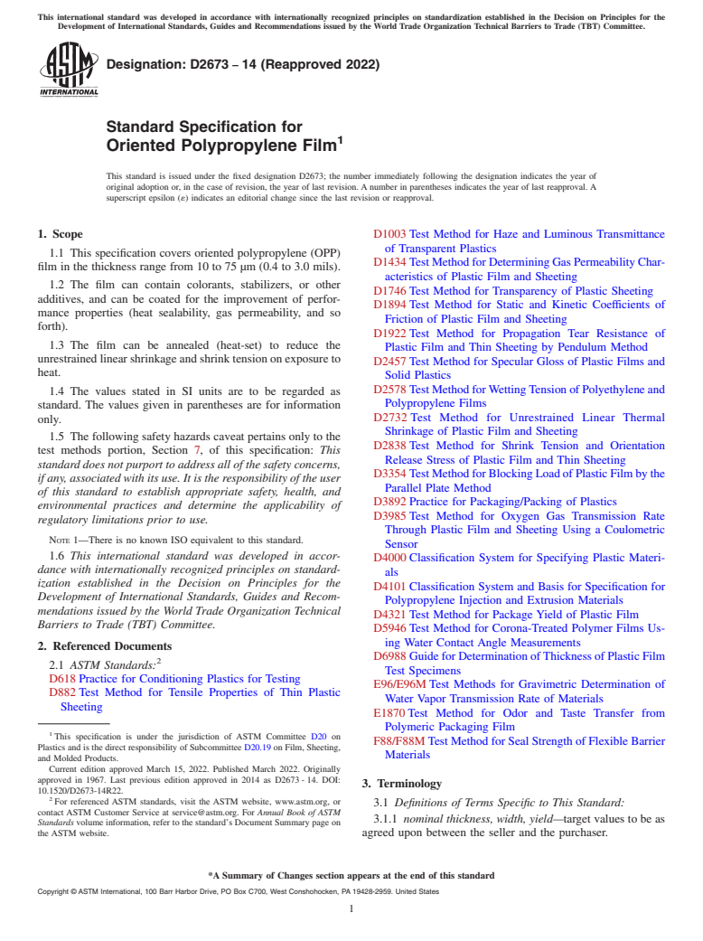 ASTM D2673-14(2022) - Standard Specification for Oriented Polypropylene Film