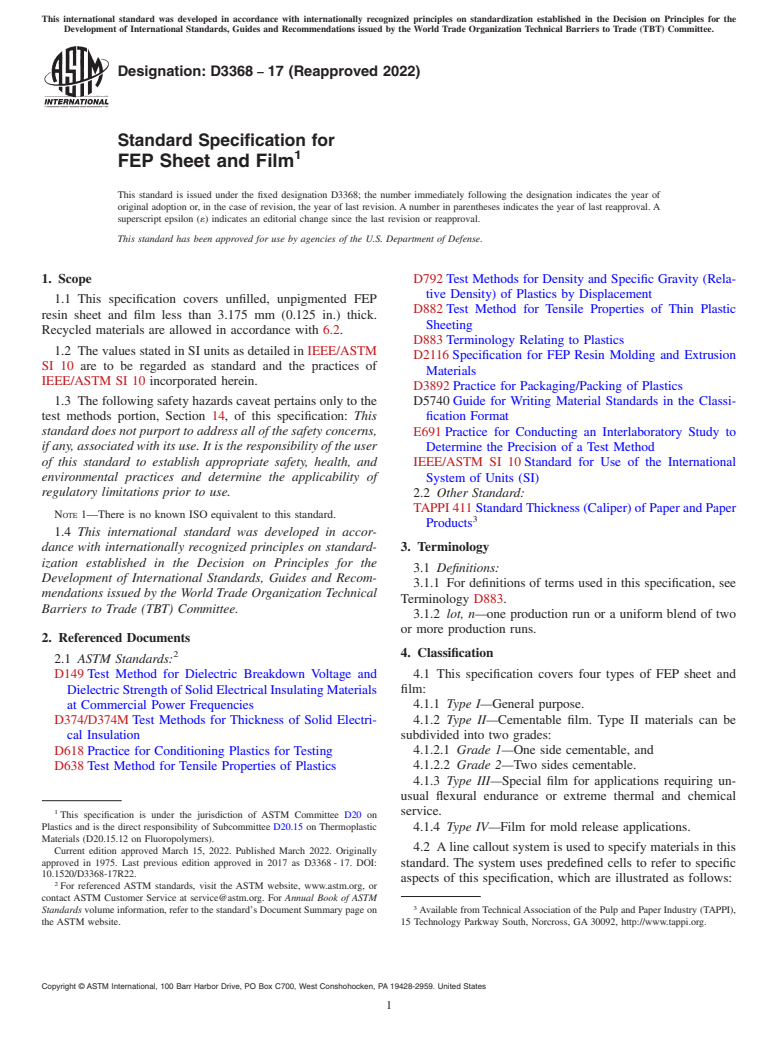 ASTM D3368-17(2022) - Standard Specification for FEP Sheet and Film