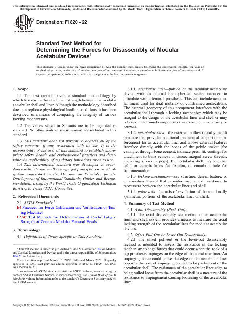 ASTM F1820-22 - Standard Test Method for Determining the Forces for Disassembly of Modular Acetabular  Devices