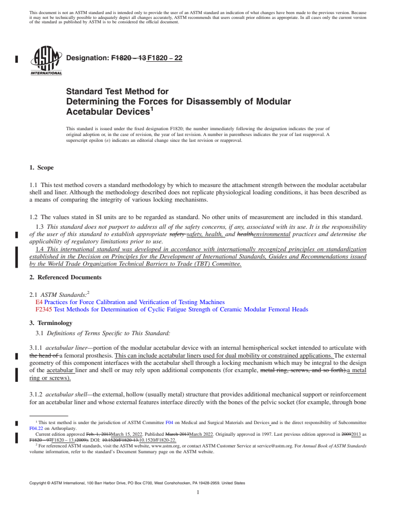 REDLINE ASTM F1820-22 - Standard Test Method for Determining the Forces for Disassembly of Modular Acetabular  Devices