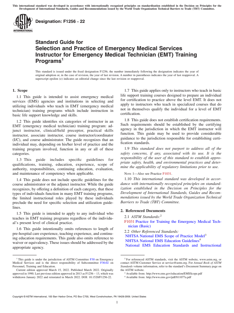 ASTM F1256-22 - Standard Guide for Selection and Practice of Emergency Medical Services Instructor  for Emergency Medical Technician (EMT) Training Programs