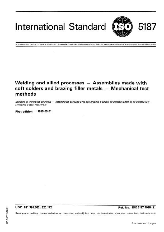 ISO 5187:1985 - Welding and allied processes -- Assemblies made with soft solders and brazing filler metals -- Mechanical test methods