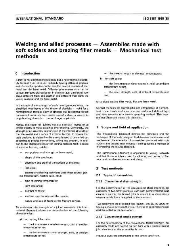 ISO 5187:1985 - Welding and allied processes -- Assemblies made with soft solders and brazing filler metals -- Mechanical test methods