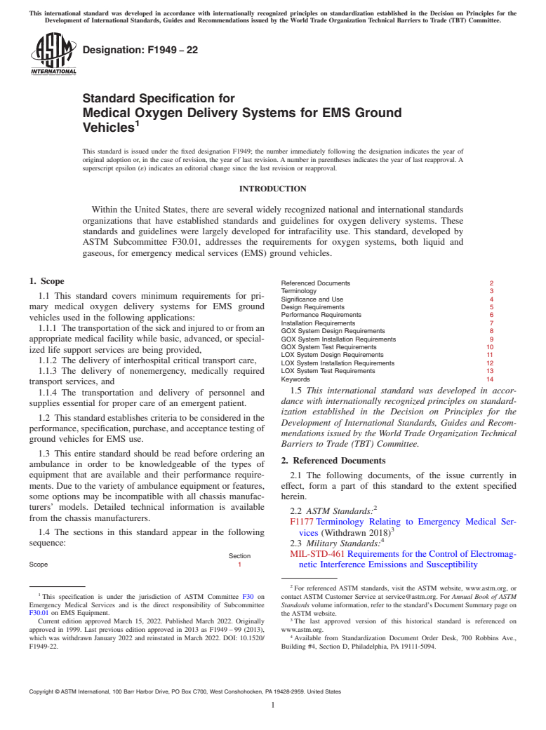 ASTM F1949-22 - Standard Specification for Medical Oxygen Delivery Systems for EMS Ground Vehicles