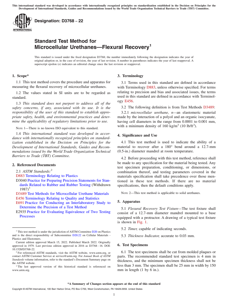 ASTM D3768-22 - Standard Test Method for  Microcellular Urethanes—Flexural Recovery