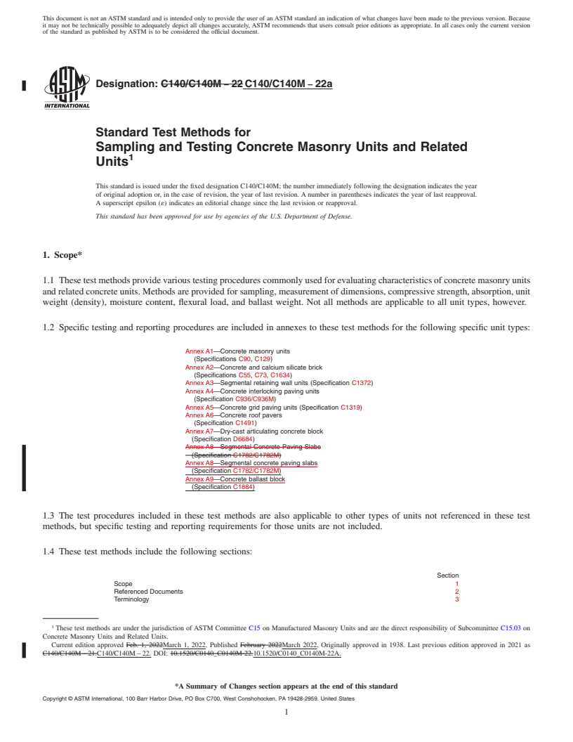 REDLINE ASTM C140/C140M-22a - Standard Test Methods for Sampling and Testing Concrete Masonry Units and Related Units