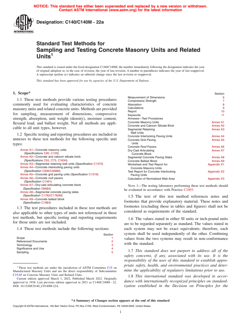 ASTM C140/C140M-22a - Standard Test Methods for Sampling and Testing Concrete Masonry Units and Related Units