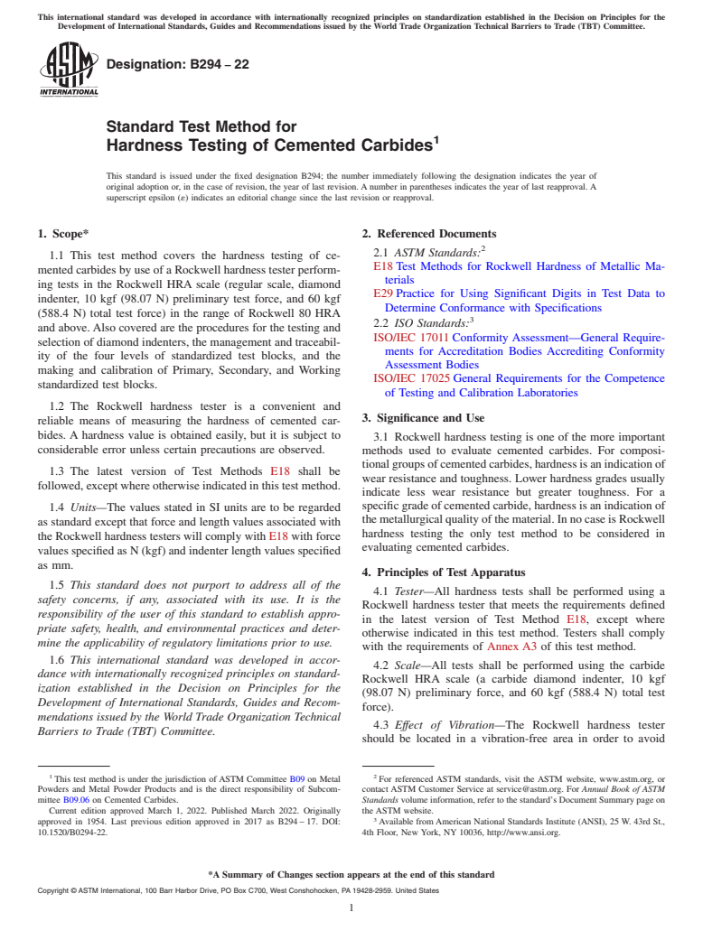 ASTM B294-22 - Standard Test Method for  Hardness Testing of Cemented Carbides