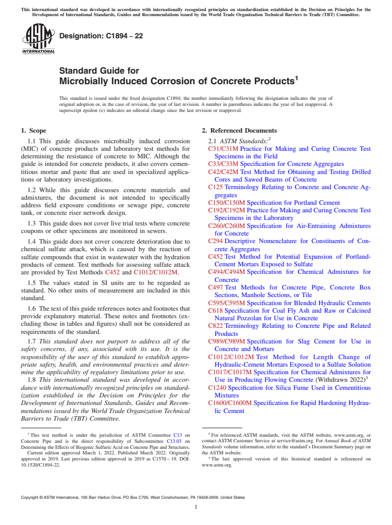 ASTM C1894-22 - Standard Guide for Microbially Induced Corrosion of Concrete Products