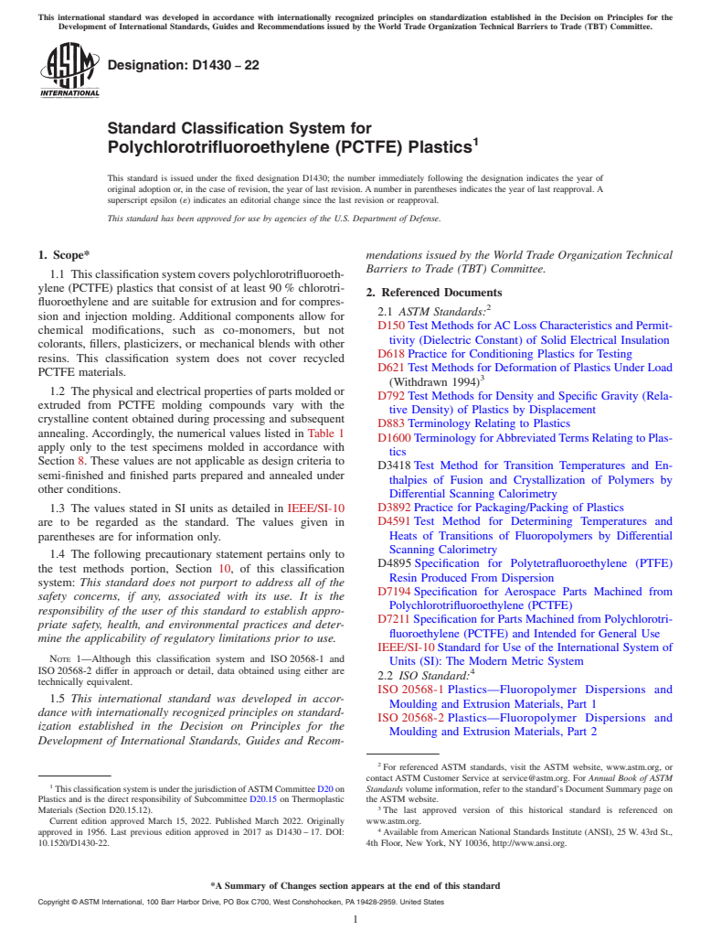 ASTM D1430-22 - Standard Classification System for Polychlorotrifluoroethylene (PCTFE) Plastics