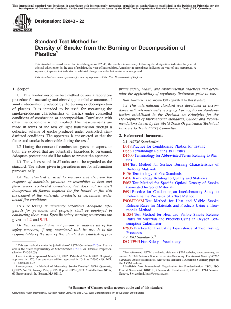 ASTM D2843-22 - Standard Test Method for  Density of Smoke from the Burning or Decomposition of Plastics