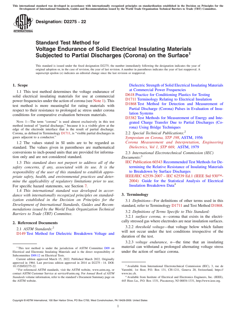 ASTM D2275-22 - Standard Test Method for  Voltage Endurance of Solid Electrical Insulating Materials  Subjected to Partial Discharges (Corona) on the Surface